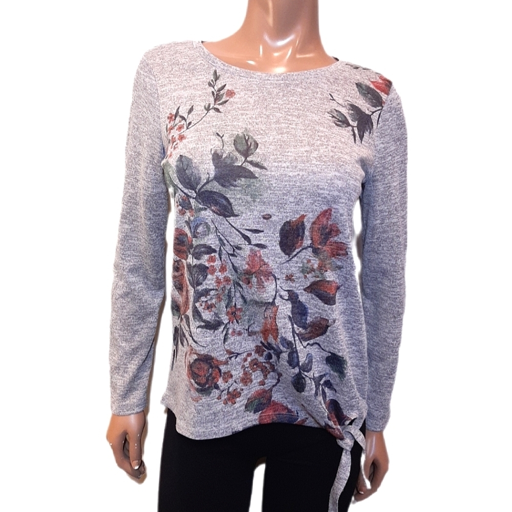 Cleo Floral Knit Top Long Sleeve Tie Hem Lightweight Grey Sweater Size Small